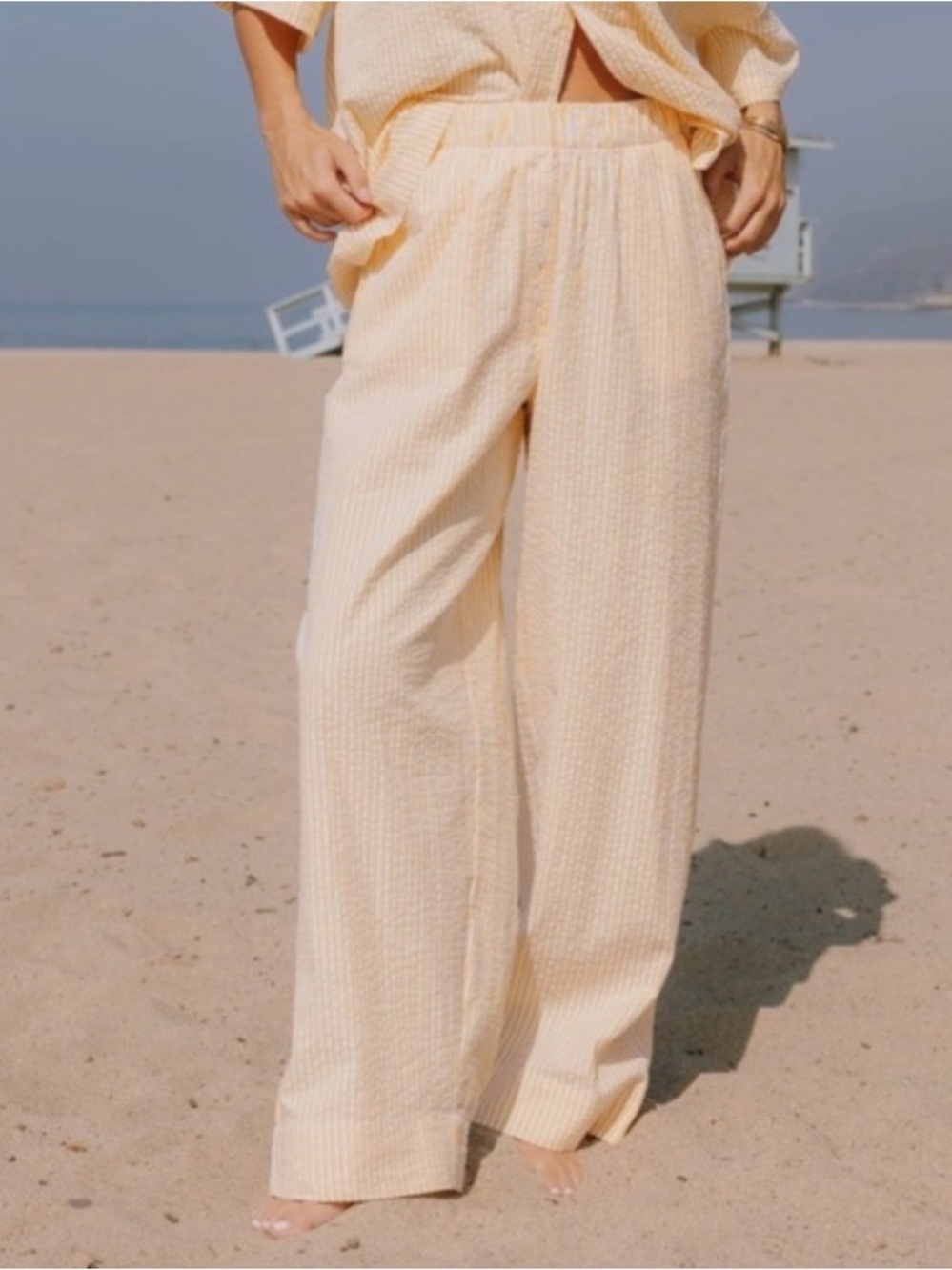 NWT Daily Drills Seersucker Resort Pants yellow and white stripe